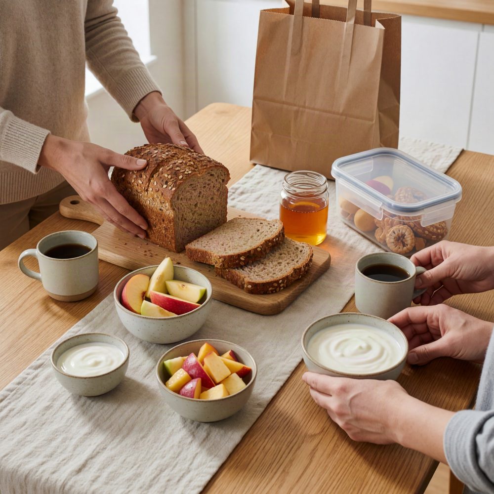 Mesa com pão integral, iogurte, maçã cortada, café, mel e snacks em ambiente de alimentação saudável