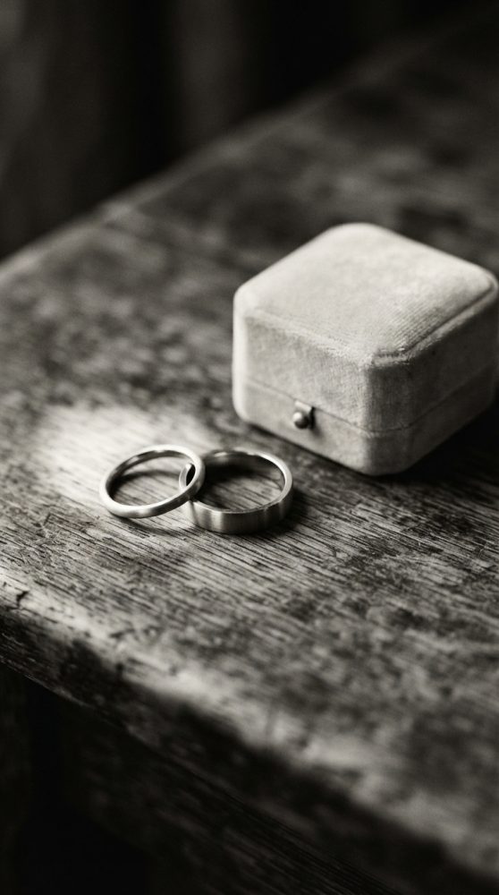 Duas alianças de casamento em metal simples junto a uma caixa de veludo sobre mesa de madeira rústica