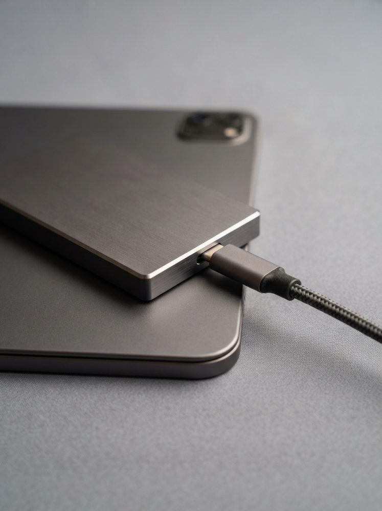 Disco rígido externo metálico cinza conectado por cabo USB-C sobre portátil cinza