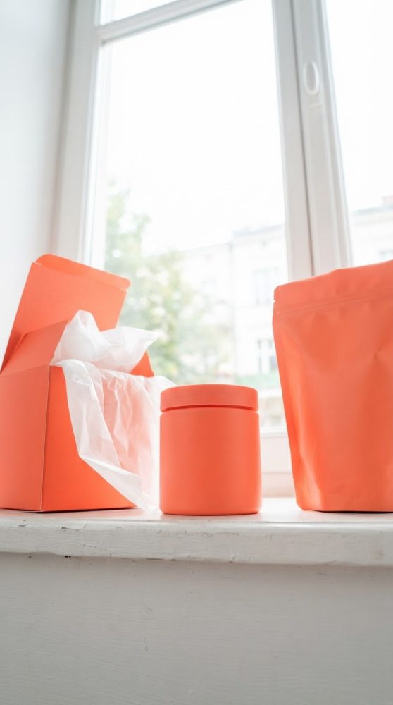 Conjunto de embalagens laranja com caixa, frasco e saco numa superfície branca junto a janela com luz natural