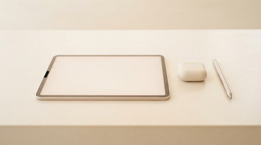 Tablet digital, auriculares wireless e caneta prateada em superfície creme