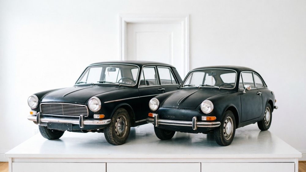 Dois carros clássicos pretos vintage sobre móvel branco em sala minimalista