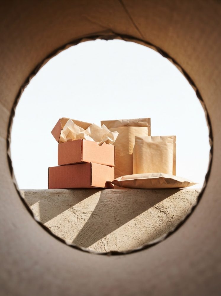 Embalagens de papel e cartão reciclável para envio visto através de um círculo