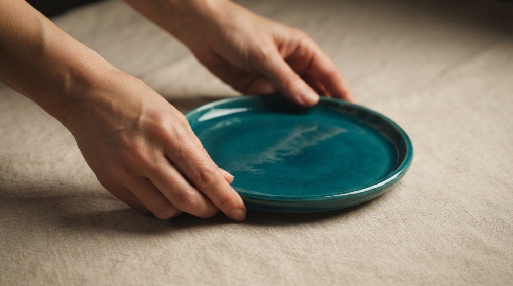 Prato cerâmico azul turquesa a ser colocado numa superfície de tecido bege por mãos humanas