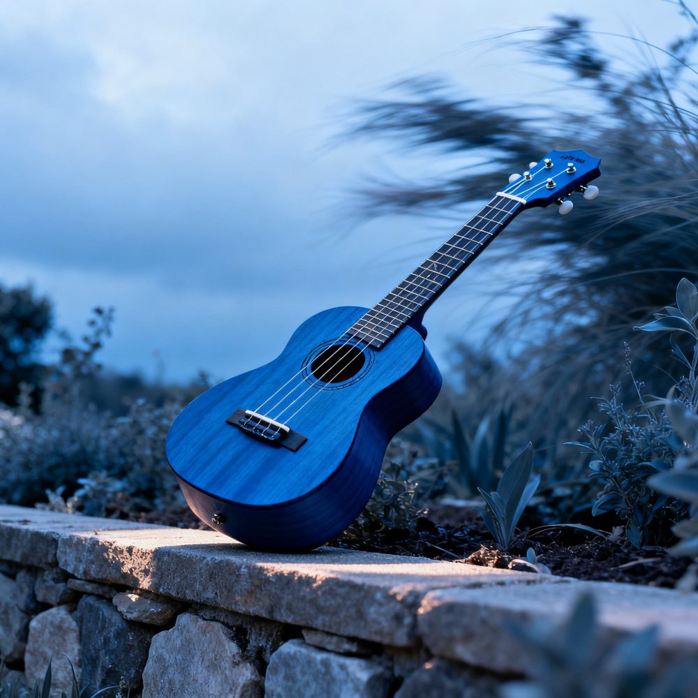 Cavaquinho azul pousado em muro de pedra rodeado por plantas e fundo natural desfocado