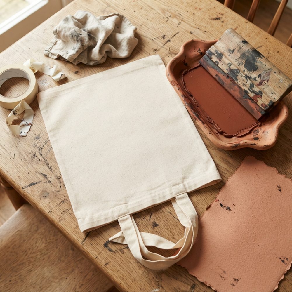 Saco de tecido cru numa mesa com tinta terracota, rolo e pano para personalização manual