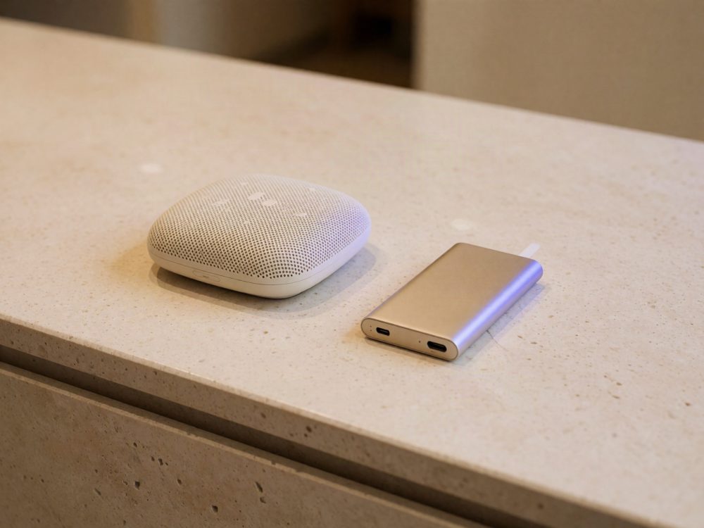 Coluna bluetooth portátil branca e carregador portátil prateado sobre bancada clara