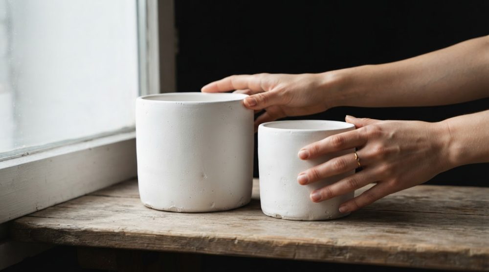 Vasos brancos sobre superfície de madeira envelhecida junto a janela com mãos a tocar vaso maior