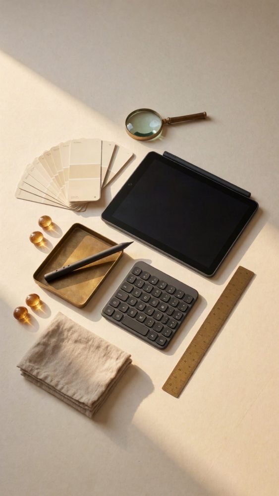Tablet, teclado compacto, régua, lupa e paleta de cores sobre fundo bege claro