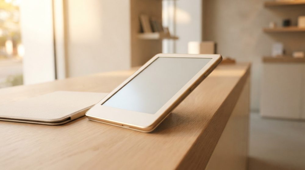 Tablet dourado apoiado inclinado numa mesa de madeira clara num ambiente minimalista.