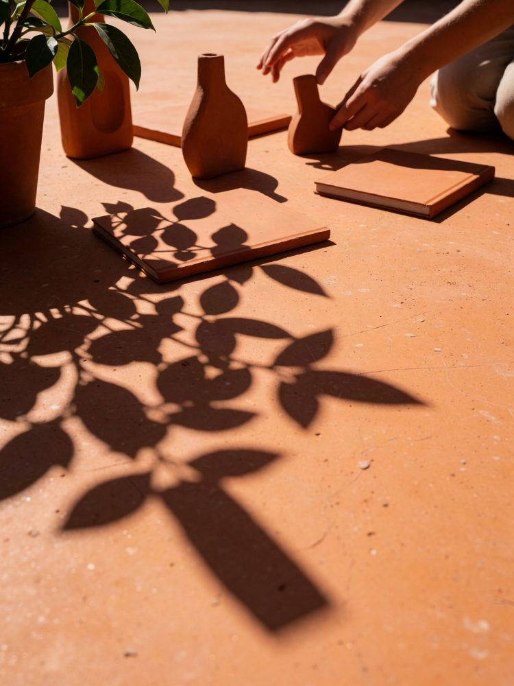 Vasos e cadernos em tom terracota com sombra de planta no chão e mãos a mexer num vaso