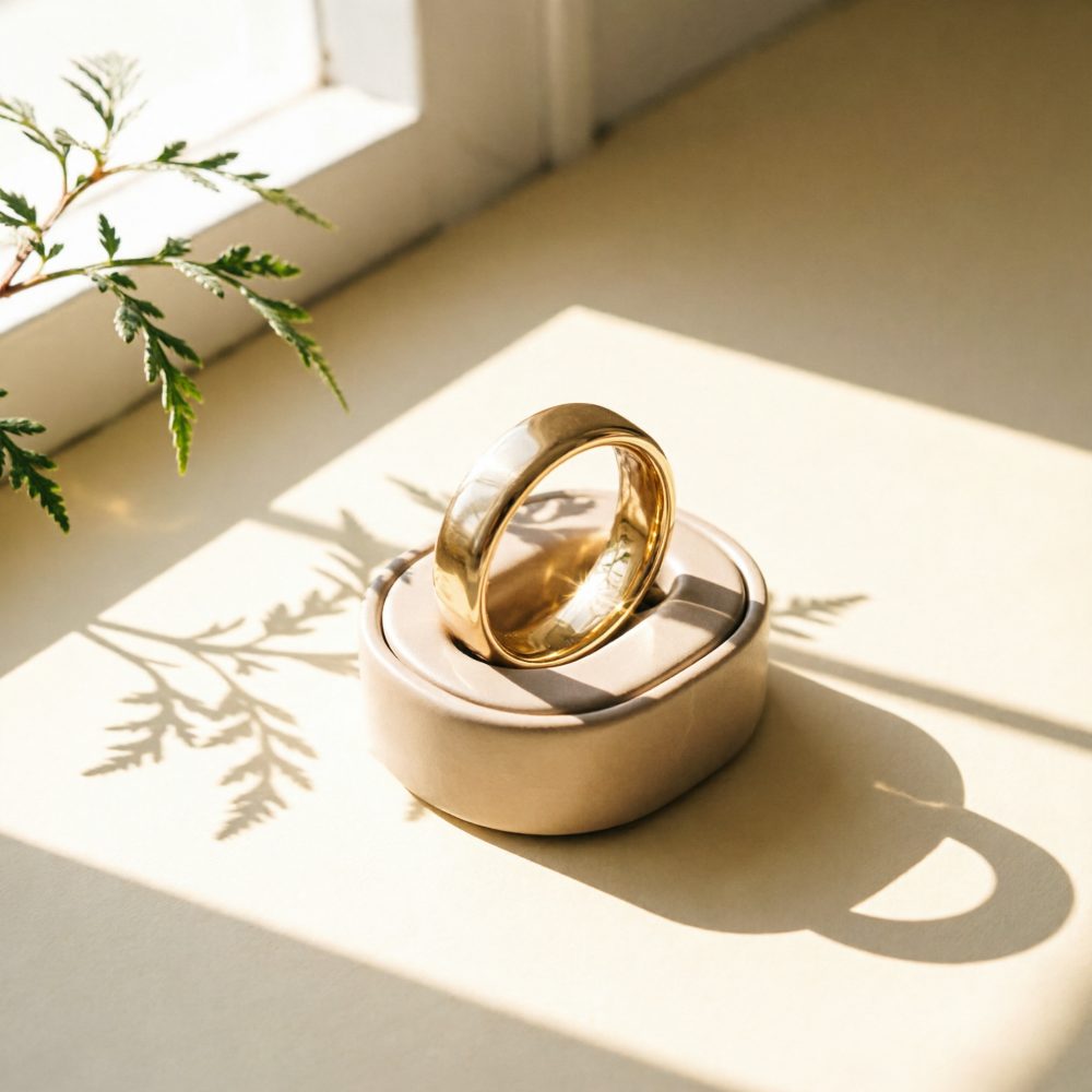 Anel de ouro sobre caixa neutra com sombras de folhas a luz natural