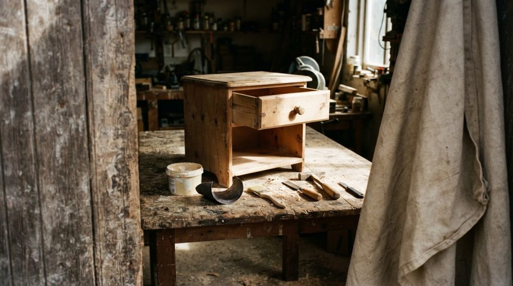 Mesa de trabalho antiga com móvel de madeira e ferramentas numa oficina rústica