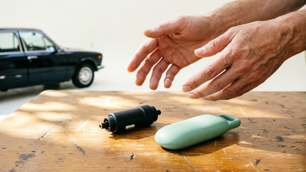 Mãos acima de acessórios automóveis sobre mesa de madeira com carro clássico preto ao fundo