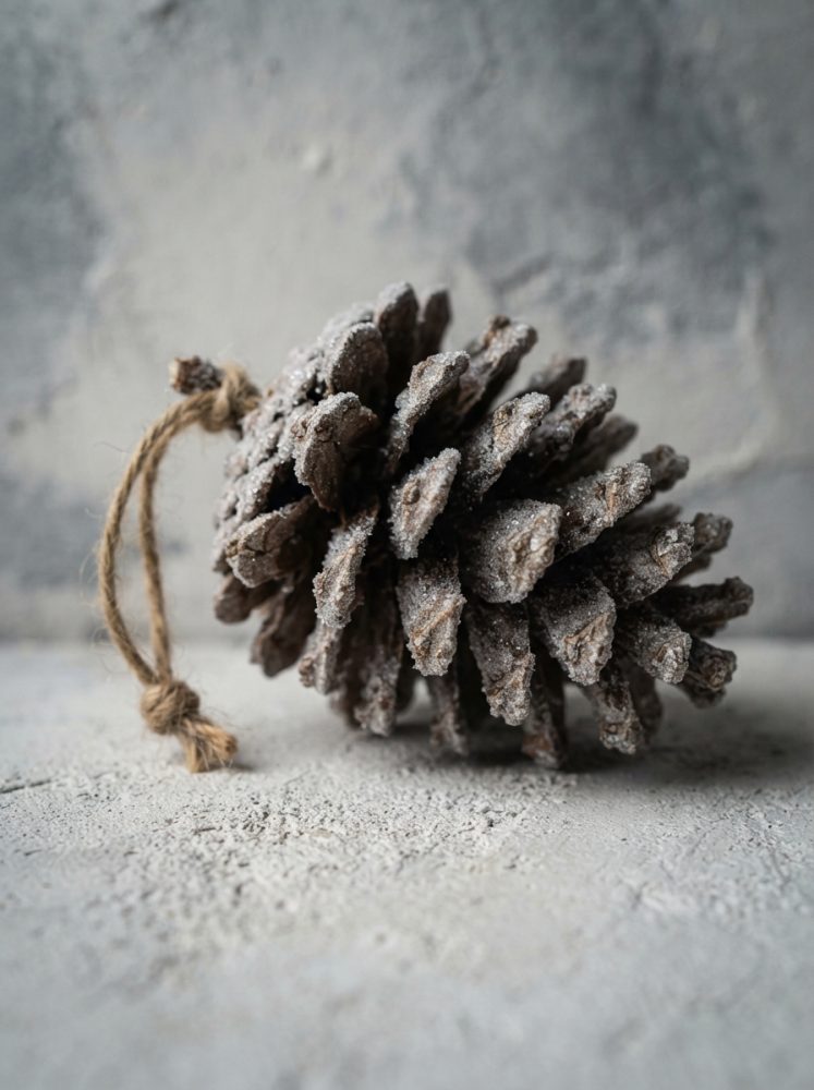 Pinha decorativa com neve artificial e corda a ser pendurada sobre superfície rústica cinzenta