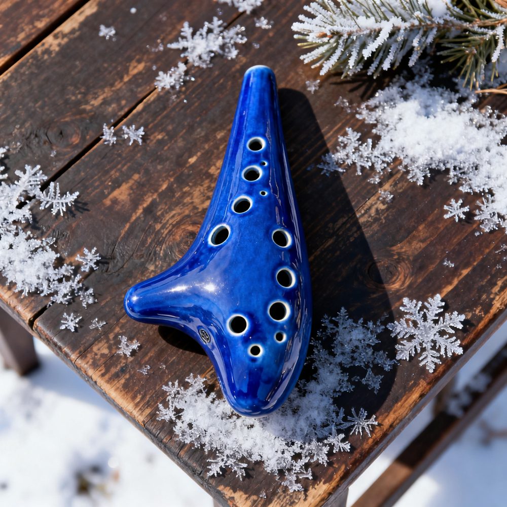 Ocarina azul em cerâmica sobre mesa de madeira com neve e flocos de neve ao redor