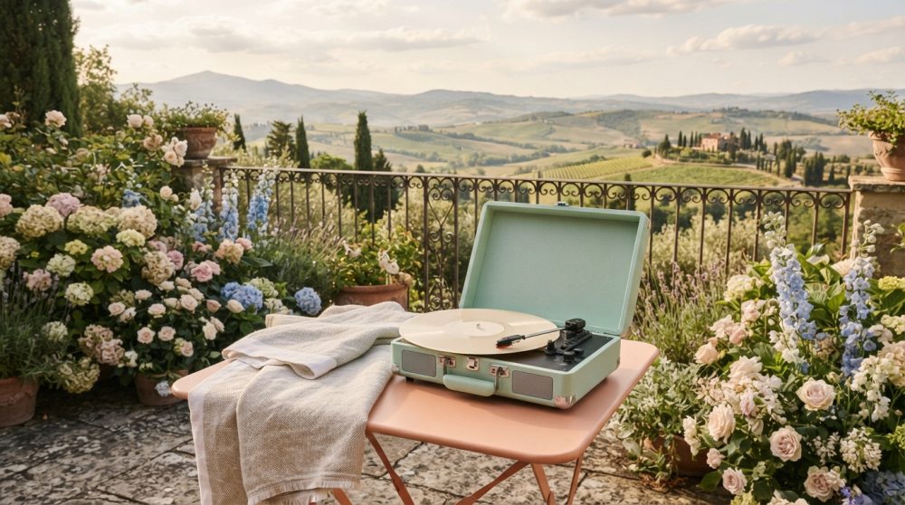 Gira-discos vintage verde menta em mesa com flores e vista para paisagem rural ensolarada