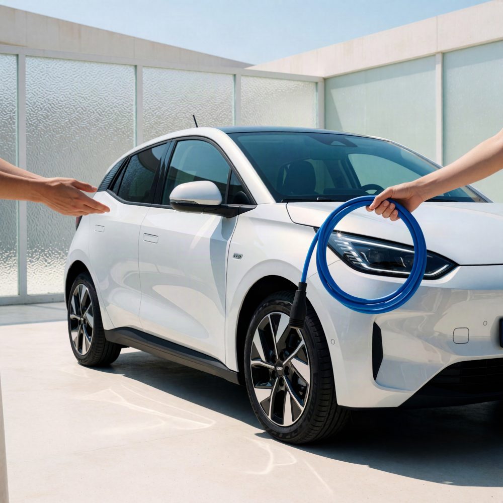 Carro elétrico branco com cabo azul para carregamento, estacionado em espaço minimalista