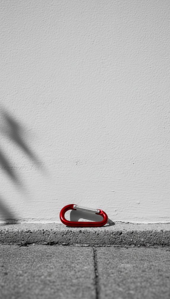 Mosquetão vermelho sobre chão de pedra junto a parede branca