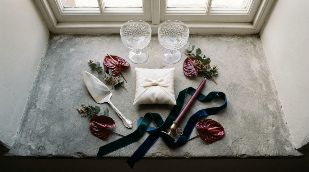 Conjunto de acessórios para casamento sobre banco de pedra junto a janela com almofada para alianças, taças, vela e fitas decorativas