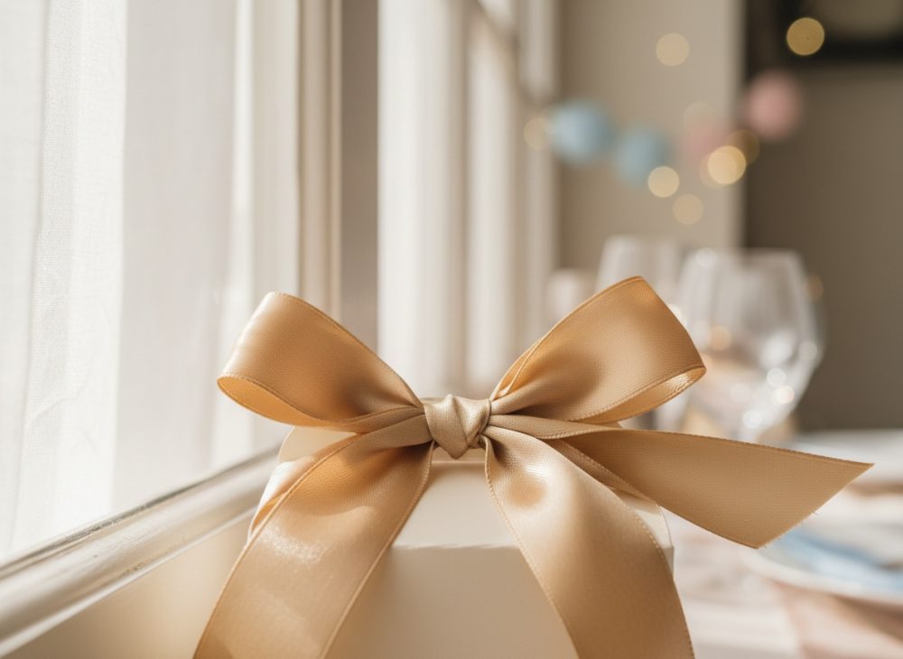 Caixa branca com laço dourado em ambiente festivo com luz natural e decoração suave