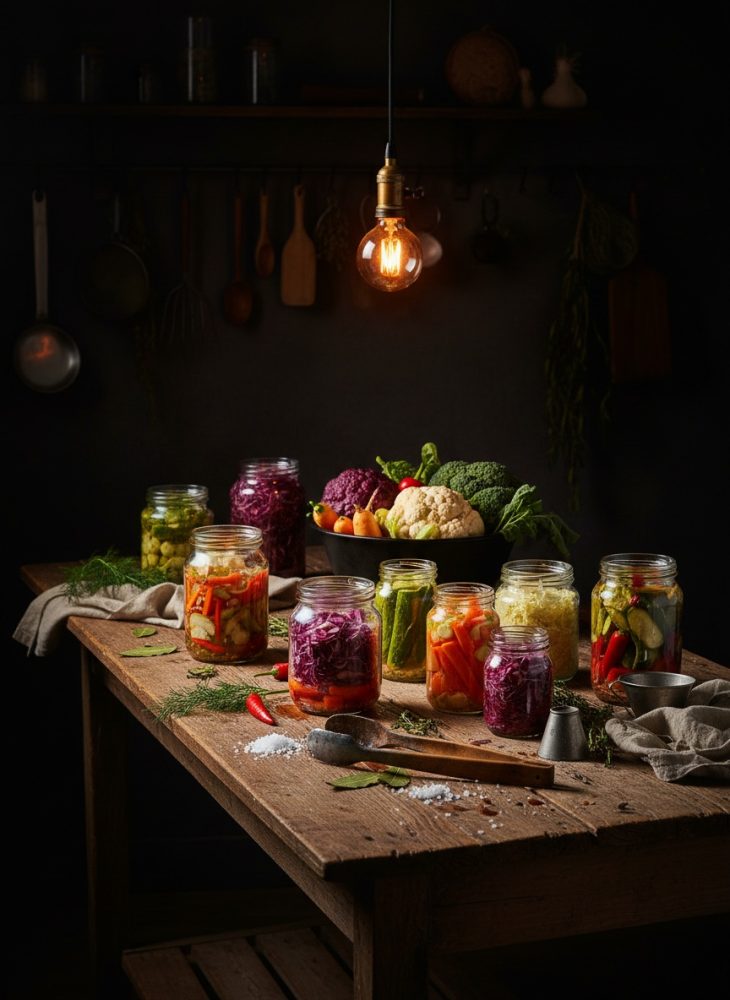 Mesa rústica com frascos de legumes conservados e legumes frescos sob luz quente