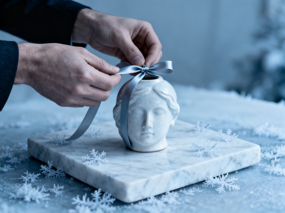 Mãos a colocar laço prateado em cabeça de escultura sobre base de mármore com flocos de neve artificiais