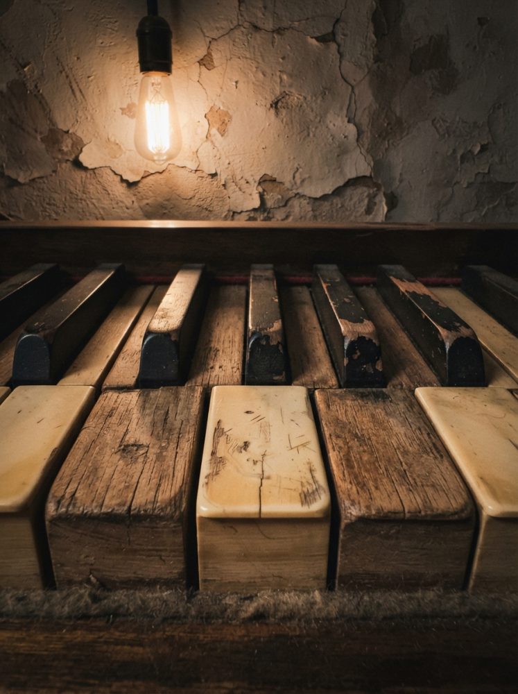 Detalhe de teclas desgastadas de um piano antigo sob luz quente de lâmpada pendente