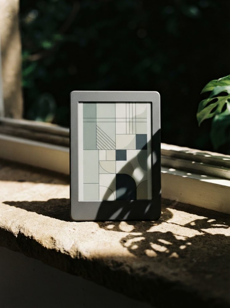 Leitor digital preto com ecrã geométrico colocado em janela com sombras naturais e plantas