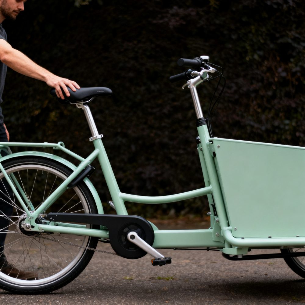 Bicicleta de carga verde menta com assento preto e compartimento frontal grande em ambiente urbano