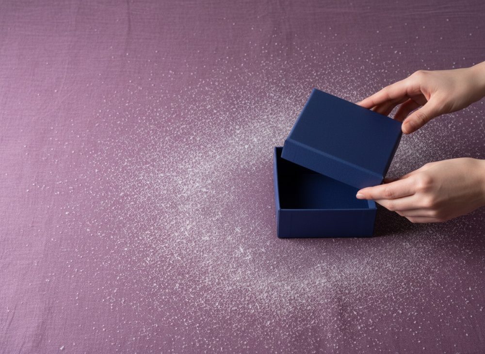 Mãos a abrir caixa azul pequena sobre tecido roxo com pó branco espalhado
