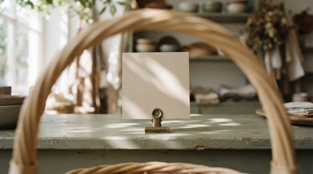 Suporte metálico com papel bege numa mesa rústica sob luz natural em ambiente com decoração neutra