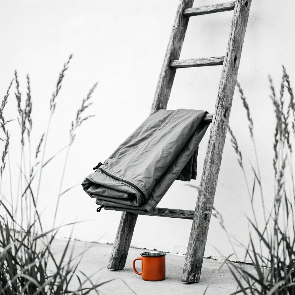 Manta cinzenta pendurada numa escada rústica de madeira com caneca laranja no chão e plantas ao redor