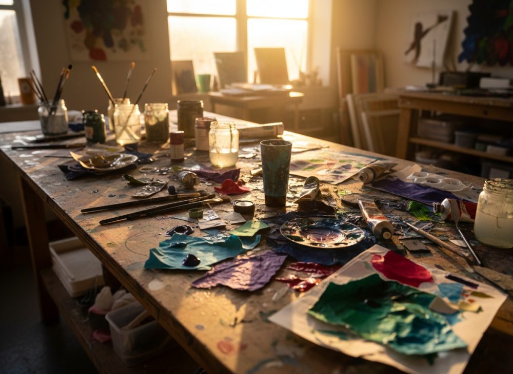 Mesa de atelier com tintas, pincéis, papéis coloridos e luz natural a entrar pela janela