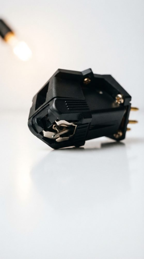 Conector preto para célula fónica de gira-discos sobre mesa branca com luz ao fundo