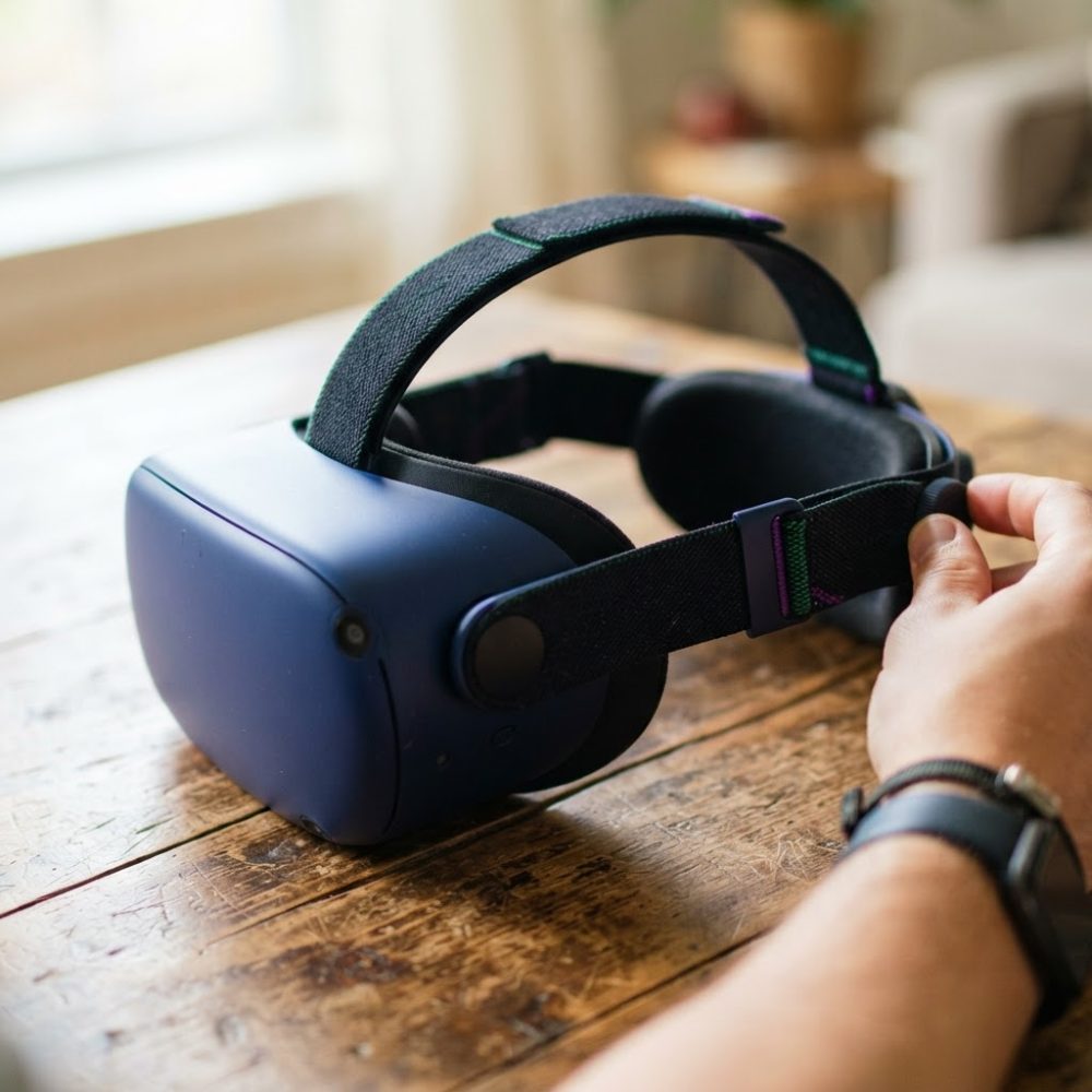 Óculos de realidade virtual azul sobre mesa de madeira, mãos ajustam a fita do equipamento