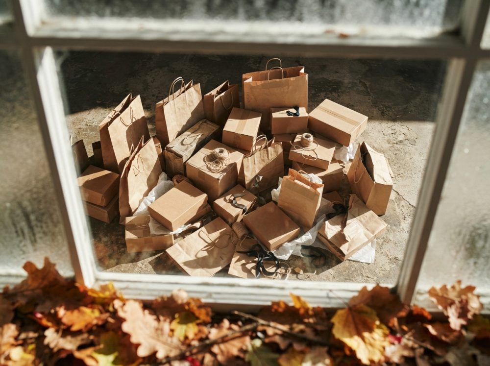 Pacotes e caixas de papel pardo empilhados no chão vistos através de uma janela com folhas de outono à frente