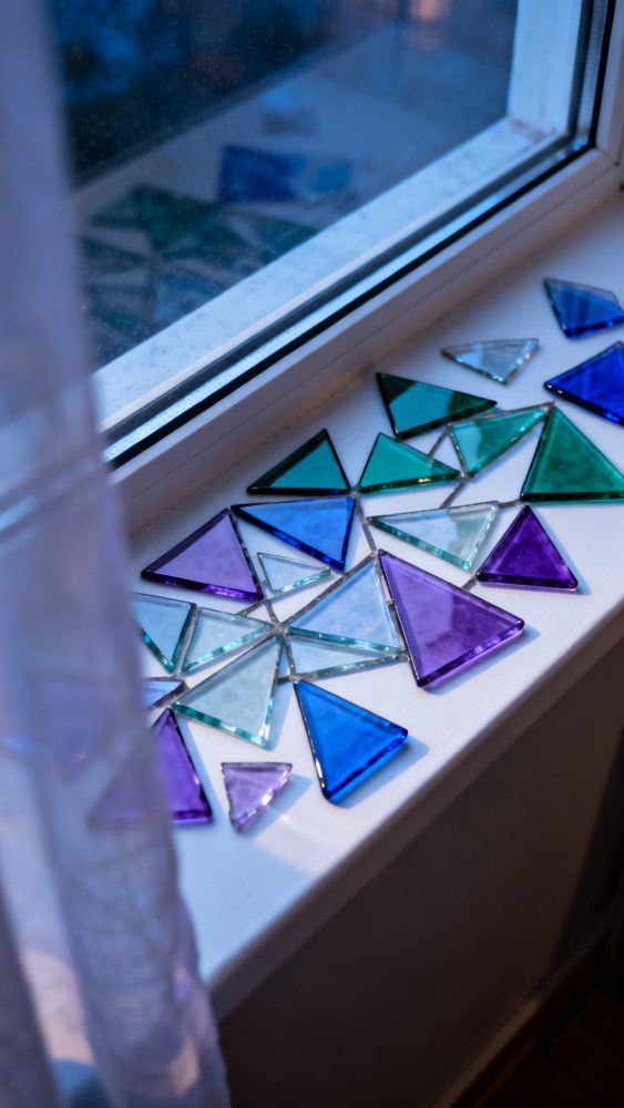 Triângulos de vidro azul, verde, roxo e transparente em peitoril branco junto à janela