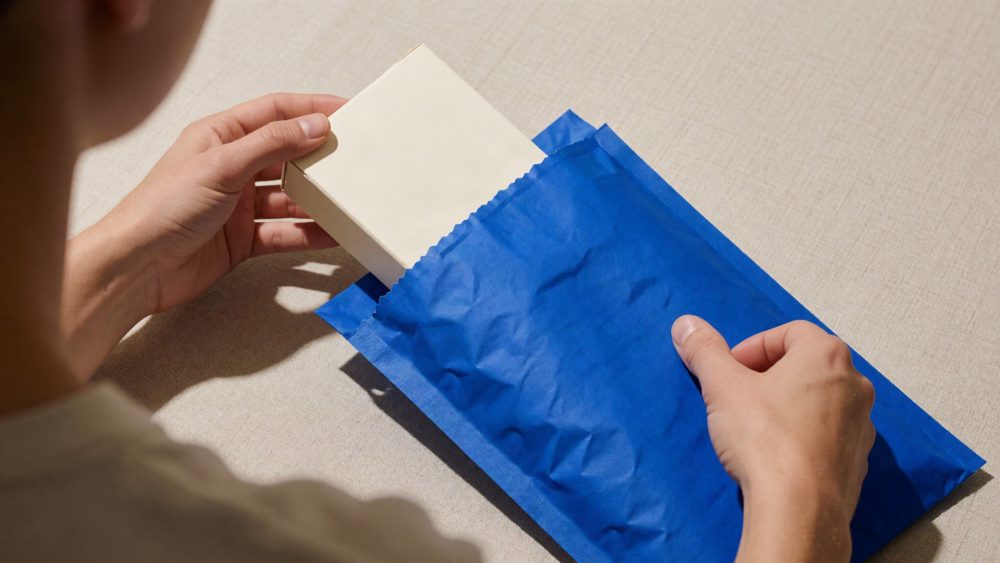 Mãos a colocar caixa branca dentro de envelope azul para envio