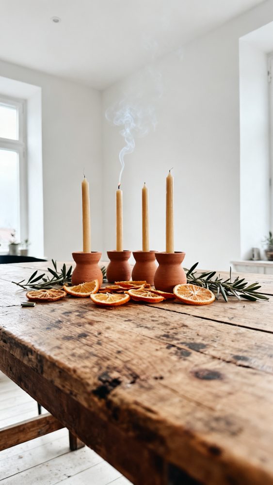Velas finas acesas em castiçais de barro com laranjas secas sobre mesa rústica, decoração natalícia natural