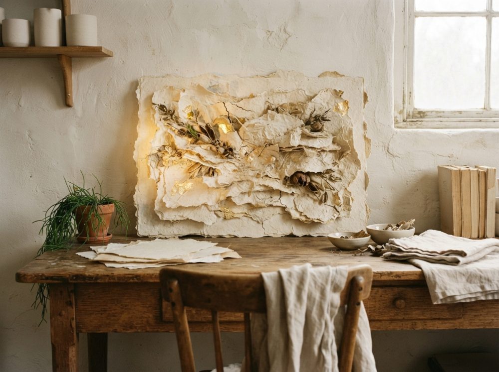 Arte abstrata em papel texturado com elementos naturais e detalhes dourados sobre mesa de madeira rústica