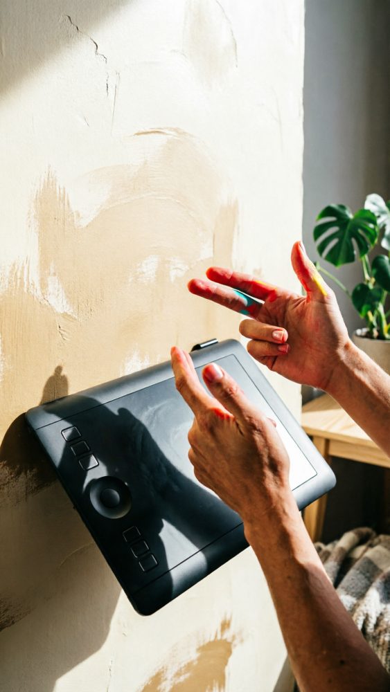 Mesa digitalizadora preta com mãos humanas e luz natural perto de planta verde