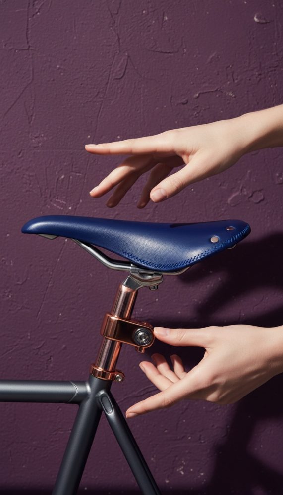 Mãos ajustam assento azul de bicicleta com suporte metálico contra parede roxa