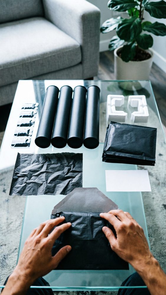 Mãos a dobrar papel de seda preto junto a tubos e sacos para embalagem sobre mesa de vidro
