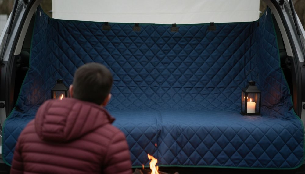 Cobertura azul almofadada na mala de automóvel com lanternas a velas e pessoa com casaco bordô