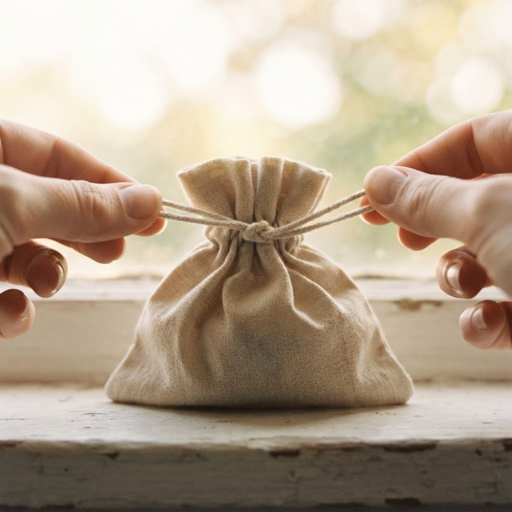 Duas mãos fecham saquinho de tecido natural com cordão, luz suave e fundo desfocado