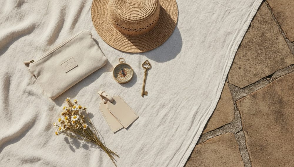 Acessórios de viagem neutros com chapéu de palha, bússola, bolsa bege, etiquetas e flores sobre manta clara