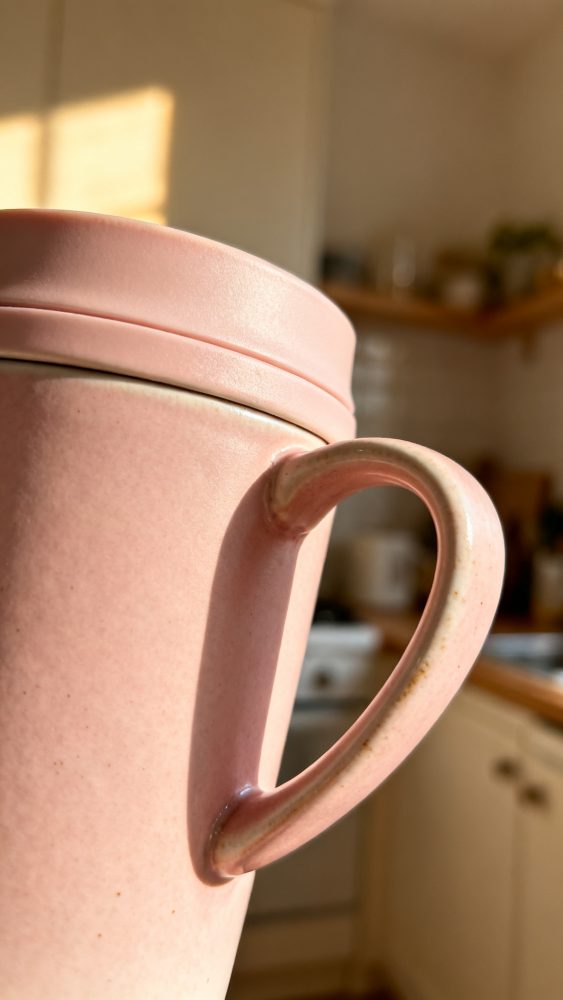 Caneca de cerâmica rosa com tampa e pega em cozinha iluminada por luz natural