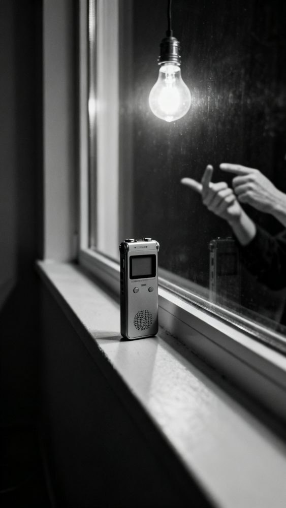 Gravador digital prateado na superfície junto à janela com luz suspensa e mãos refletidas no vidro
