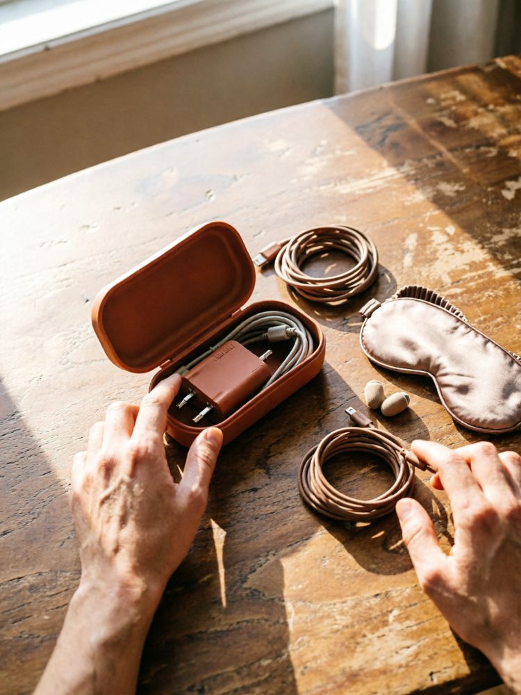 Estojo aberto com cabos e carregador, cabos enrolados, tampão para olhos e tampões auriculares sobre mesa de madeira
